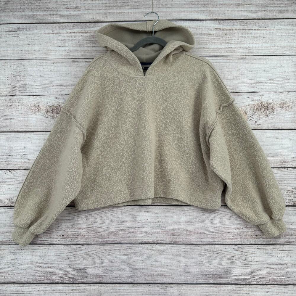 We the Free People Crop Oversize Sherpa Fleece Hoodie Womens XS Beige Boxy